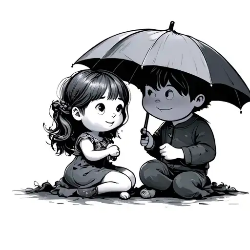 cartoon boy holding umbrella over girl tattoo design idea