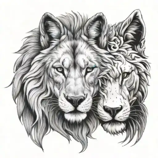 half a face of wolf and half a face of lion head tattoo design idea