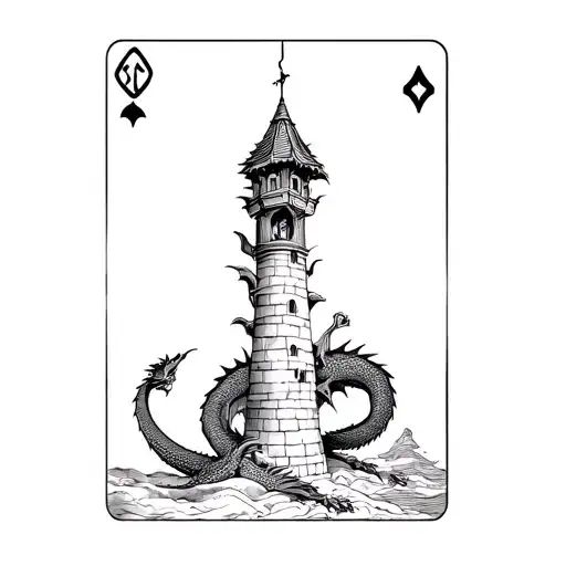 a dragon curled around a tower that looks like a lantern representing the tarot card the tower  tattoo design idea