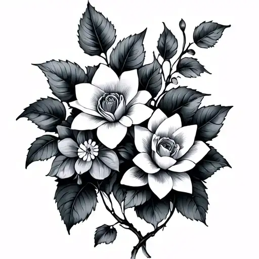 2 violets, 2 morning Glorys, 1 cosmo, 1 Rose, & 1 water lily on a vine thigh tattoo  tattoo design idea