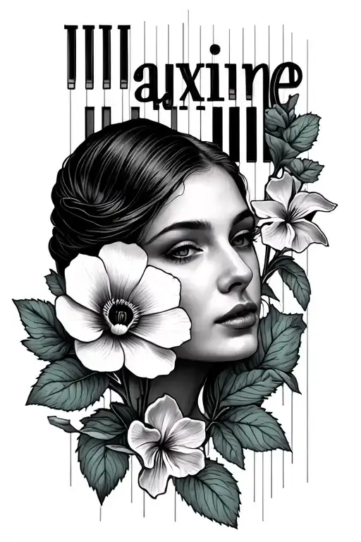 "Maxine" morning glory flower vine, poppy flower, water lily flower, piano keys, woman's face tattoo design idea