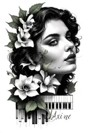 "Maxine" morning glory flower vine, poppy flower, water lily flower, piano keys, woman's face tattoo design idea