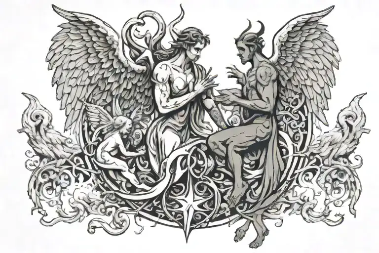 the day of rapture with sky angels vs demons tattoo design idea