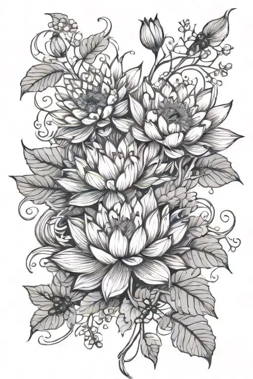 Lotus flowers with branches, leaves and insects tattoo design idea