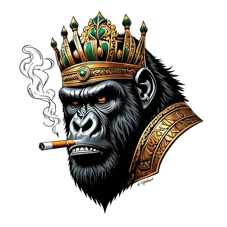 crowned angry gorilla face wearing african Armor smoking cigarette tattoo design idea