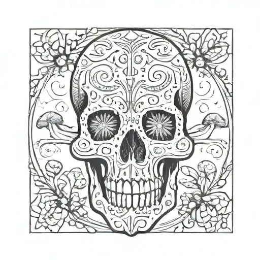 skull and mushrooms growing around him tattoo design idea
