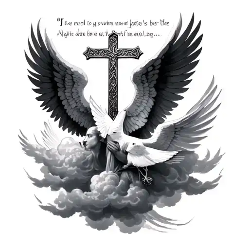Religious, cross, clouds, bible verse, Arch angel Micheal's Sowrd, doves tattoo design idea