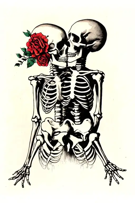“even in death” and include two skeletons or half dead people together tattoo design idea