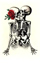 “even in death” and include two skeletons or half dead people together tattoo design idea