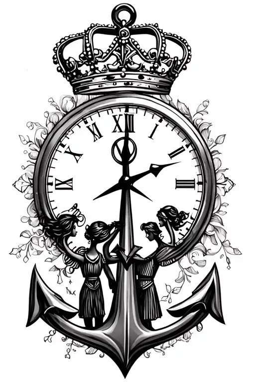 family mom dad with two daughters, crown on top, anchor, big clock, compass, black tattoo design idea
