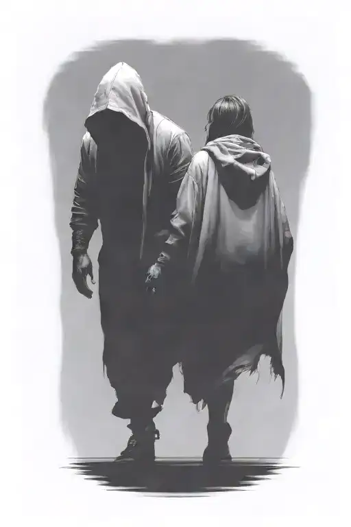 a huge hooded demon beast and a woman walking away together tattoo design idea