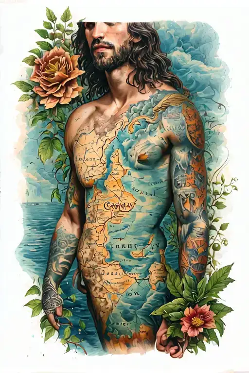 half sleeve incorporating an old company, map and elements of Greek mythology. include some plant organic elements.  tattoo design idea