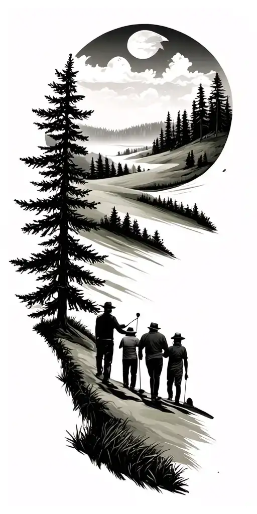 pine forest scene and family on golf course and ansel adams tattoo design idea