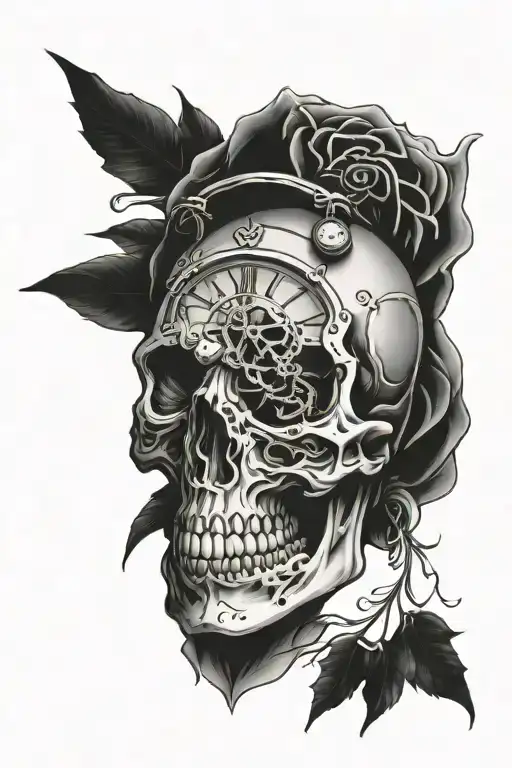 skull roman numerals clock tattoo design idea