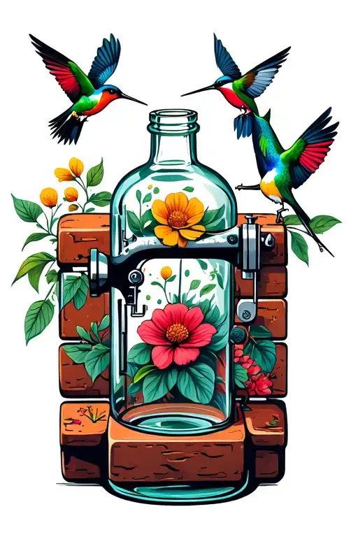 brick, sewing machine, PET dairy glass bottles, humming birds tattoo design idea