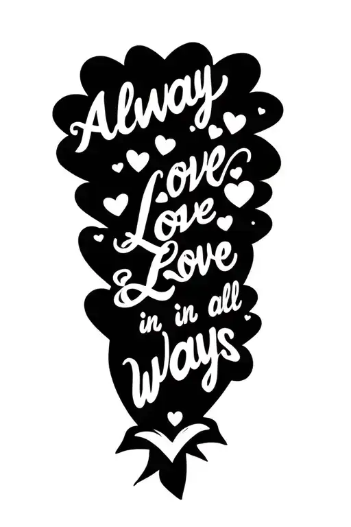 "Always Love & Love in all ways" different sized hearts grouped together with a ribbon banner  tattoo design idea