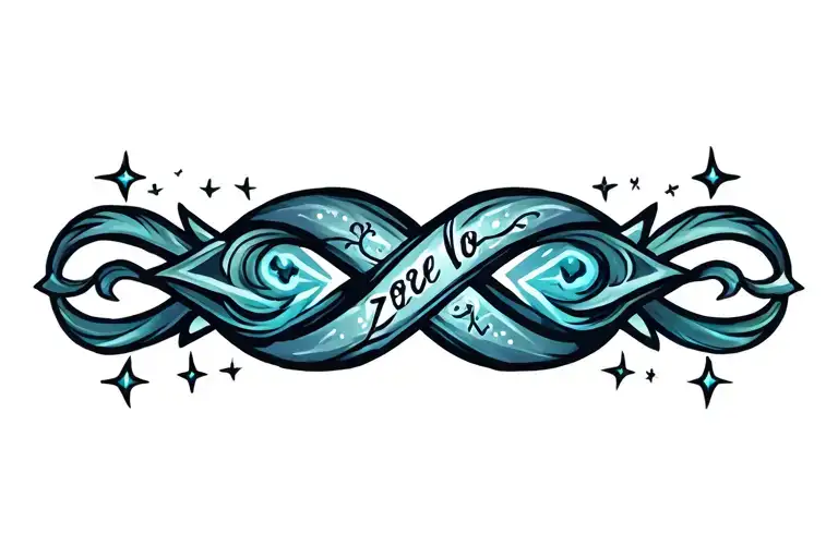 Symbol of infinity with the word zoe and small stars coming out around tattoo design idea