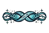 Symbol of infinity with the word zoe and small stars coming out around tattoo design idea