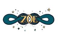 Symbol of infinity with the word zoe and small stars coming out around tattoo design idea
