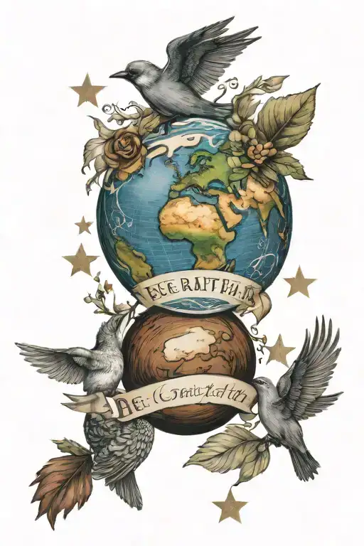 The earth with two birds holding a chestnut and stars and the words be grateful  tattoo design idea