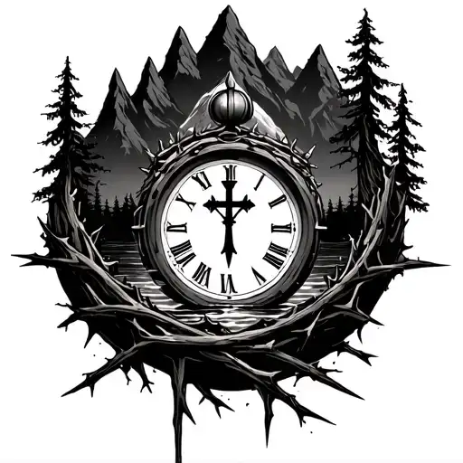 mountains, water, cross, time piece, broken trees, crown of thorns  tattoo design idea