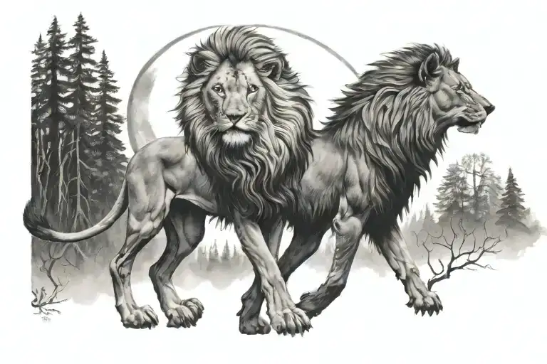 lion and wolf surround moody forest pathway to moon tattoo design idea