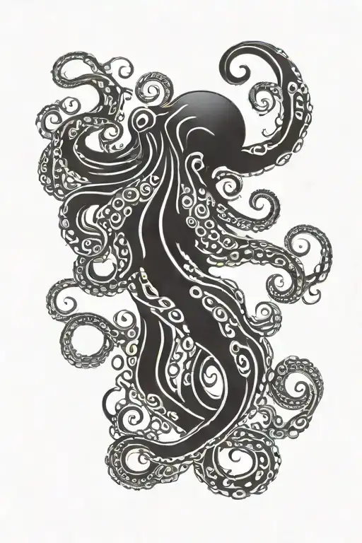 A tribal-inspired with ocean waves octopus wrapped tattoo design idea