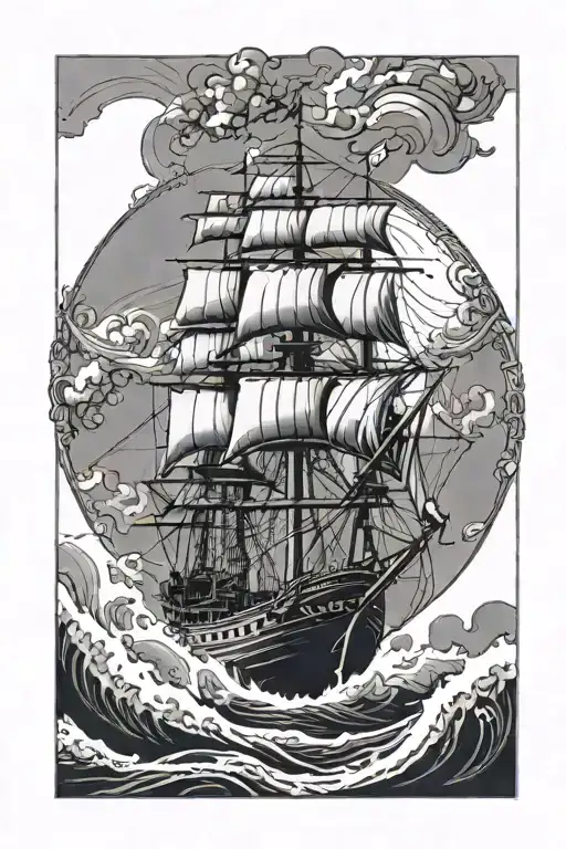 old ship sailing through stormy with Poseidon holding a trident tattoo design idea