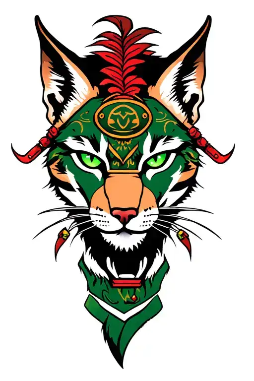 samurai lynx face with tufted ears and green eyes tattoo design idea