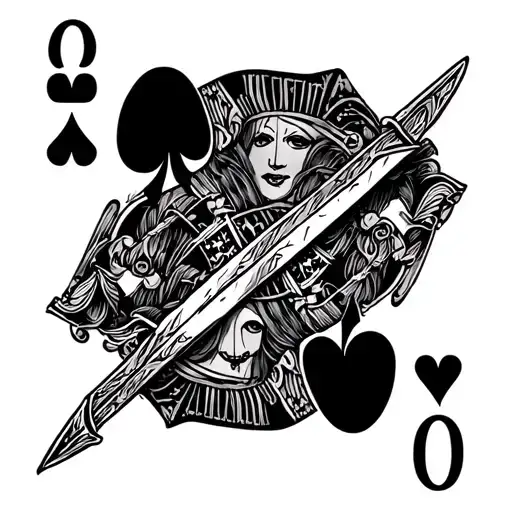 queen of hearts playing card pierced with a dagger tattoo design idea