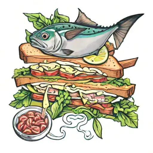 Create an image: Tattoo Concept: Tuna Salad Sandwich Composition: A realistic depiction of a tuna salad sandwich. Detail tattoo design idea