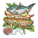 Create an image: Tattoo Concept: Tuna Salad Sandwich Composition: A realistic depiction of a tuna salad sandwich. Detail tattoo design idea