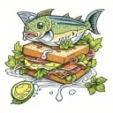 Create an image: Tattoo Concept: Tuna Salad Sandwich Composition: A realistic depiction of a tuna salad sandwich. Detail tattoo design idea