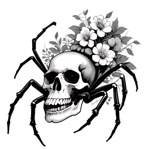 spider coming out of skull with webs and flowers tattoo design idea