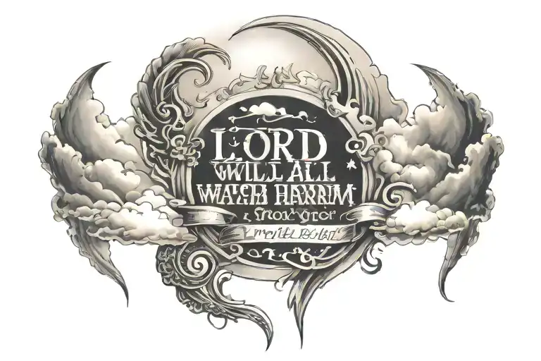 "“The Lord will keep you from all harm— he will watch over your life;” ‭‭Psalms‬ ‭121‬:7" with storm clouds in back tattoo design idea