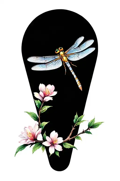 dragonfly landing on a blooming branch tattoo design idea
