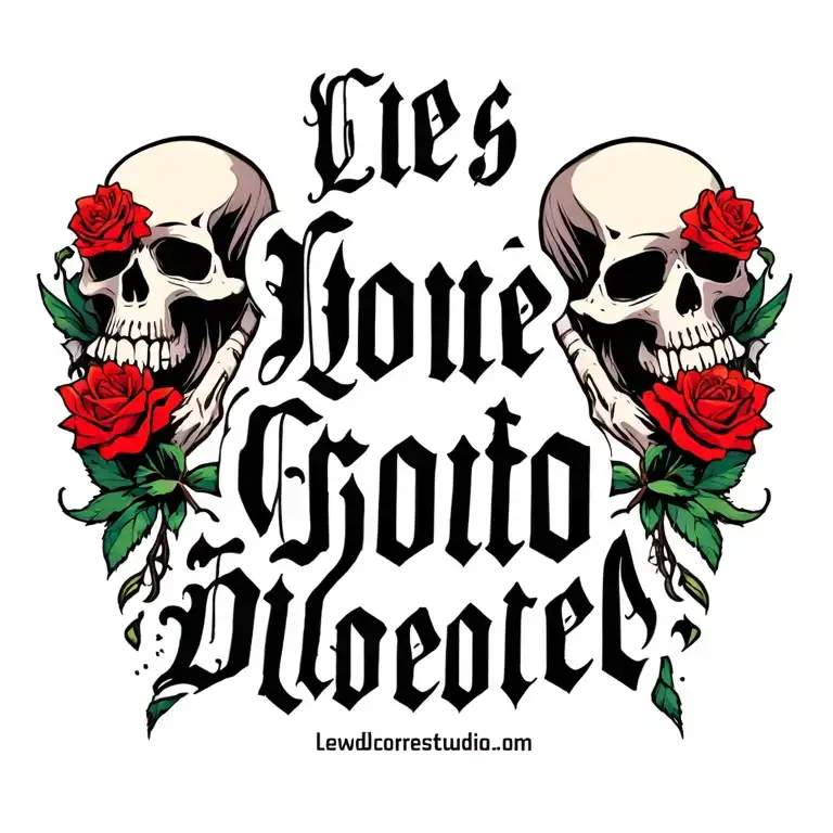 make a tattoo of text lewdcorestudio.com with edgy text and skulls tattoo design idea
