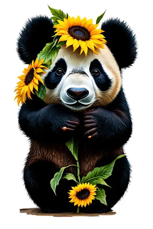 panda bear holding a sunflower intertwined tattoo design idea