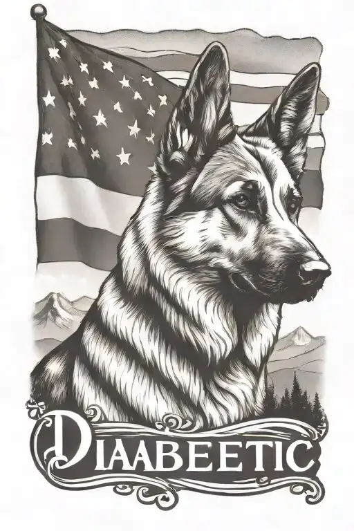 portrait of German shepherd saying "diabetic" mountain scene American flag tattoo design idea
