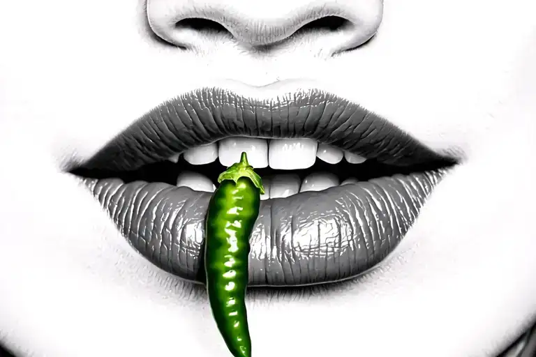 Womans lips in black & white biting lower lip with Jalapeno pepper in Color  tattoo design idea