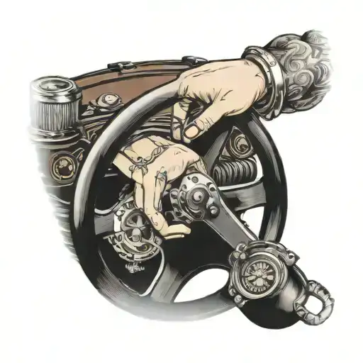 women's hands on the steering wheel, handcuffed tattoo design idea