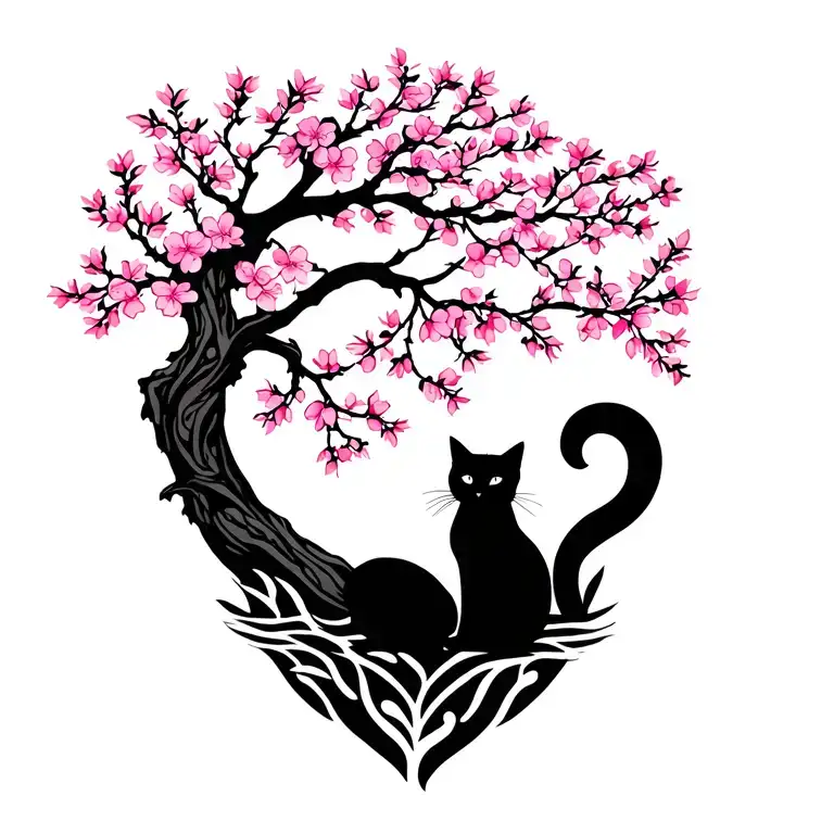 Cherry blossom tree with  black cat and moon in the background tattoo design idea