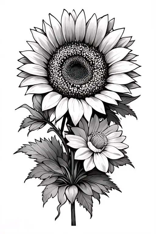 sunflower with aster and gladiolus flower bouquet tattoo design idea