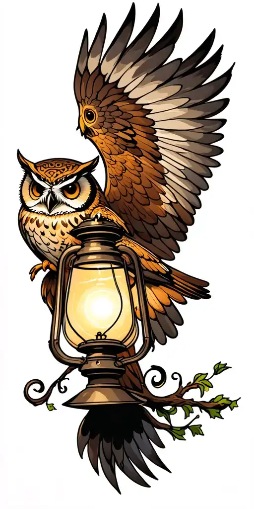 lantern and owl flying tattoo design idea