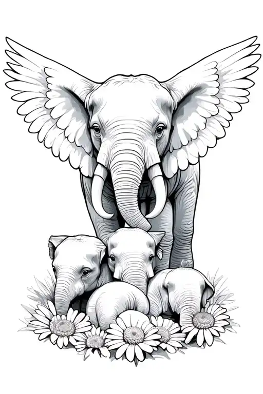 elephants daisy with 3 babies one with wings tattoo design idea