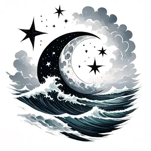 Half Moon stars and a ocean wave like a cloud tattoo design idea