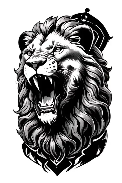 Lion imposing realistic with the open mouth with Roman figure clock with figure that goes behind tattoo design idea