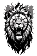 Lion imposing realistic with the open mouth with Roman figure clock with figure that goes behind tattoo design idea