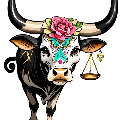 feminine bull with sugar skull markings, brown eyes and 2 Libra scales and dark background tattoo design idea