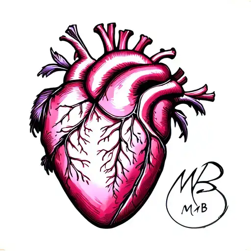 Here is a text description of the sketch of the heart 3 × 3 cm with the inscription "MB": ** Form of the heart **: - classic symmetrical heart tattoo design idea